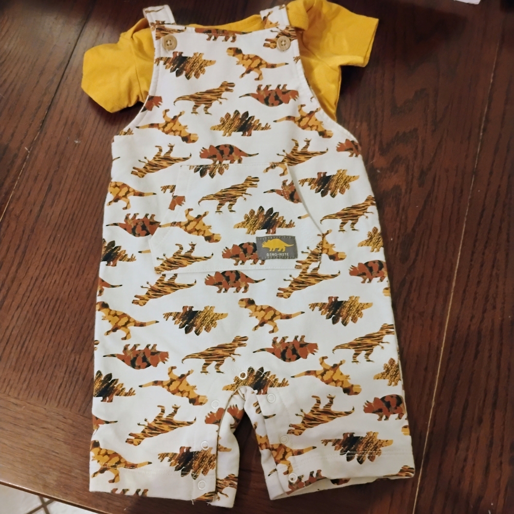 Kids Dinosaur Print Overalls - White and Orange